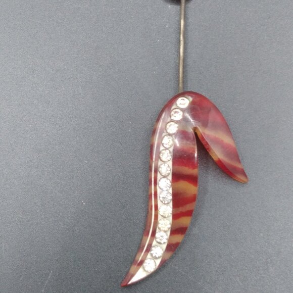1930's Red Celluloid Rhinestone Lapel Jabot Pin with screw cap - Picture 1 of 5